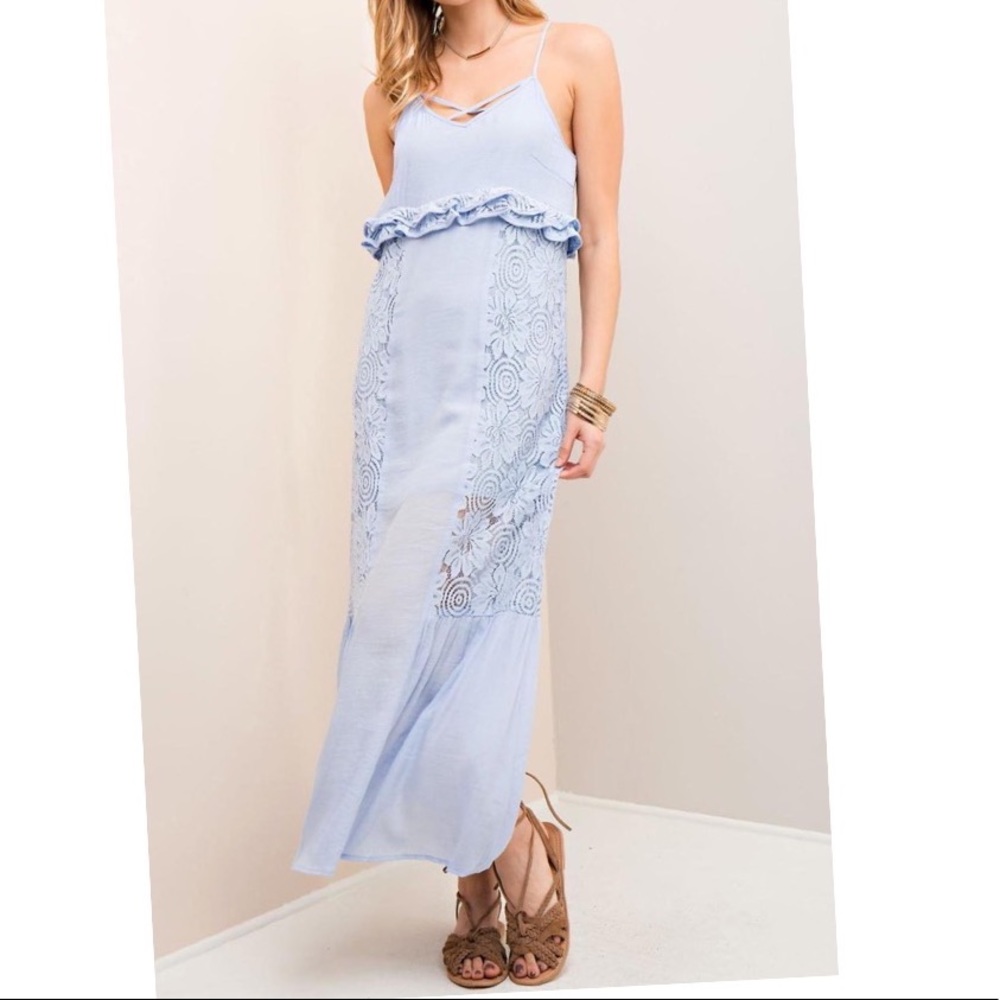 SOFT VIOLET RUFFLE FRONT LACE DETAIL MAXI DRESS